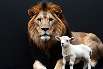 Fototapeta premium Majestic Lion and Gentle Lamb Artwork on Black Background