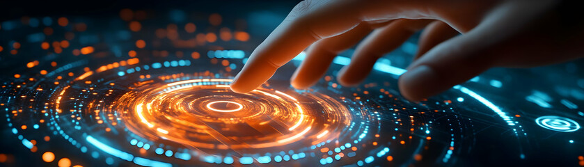 Close-Up of Hand Tapping Holographic Product Option on Digital Display | Macro Shot Capturing Cyber Monday Shopping Interaction with Glowing Effects