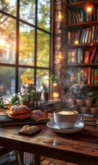 1. **Cozy Corner:** Capture a warm, inviting coffee shop corner featuring a rustic wooden table adorned with a steaming cup of coffee, fresh pastries, and a cozy bookshelf filled with colorful books.