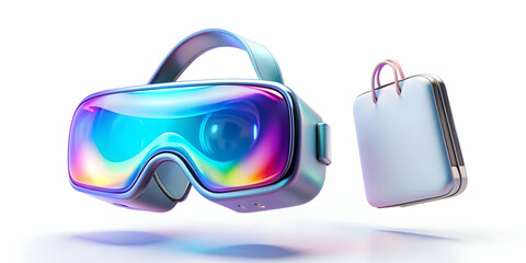 3D Floating VR Goggles with Holographic Shopping Bag & Discount Percentage Icon - Perfect for Cyber Monday Tech Deals on a White Background