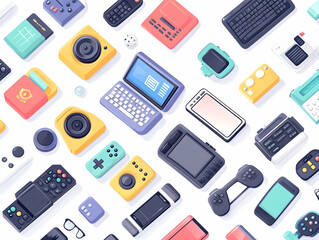 Flat Glossy Tech Gadgets with Cyber Monday Discounts - A Sleek Vector Illustration Showcasing Floating Devices and Glowing Labels