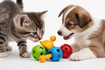 Adorable Kittens and Puppies Play Together with Toys on White Background