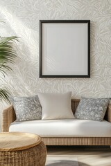 A serene room with foliage-patterned wallpaper, comfortable wicker furniture, and harmonious natural tones.