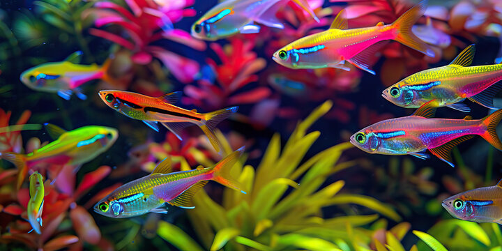 A colorful fish tank filled with neon tetras and guppies, swimming amongst live plants.