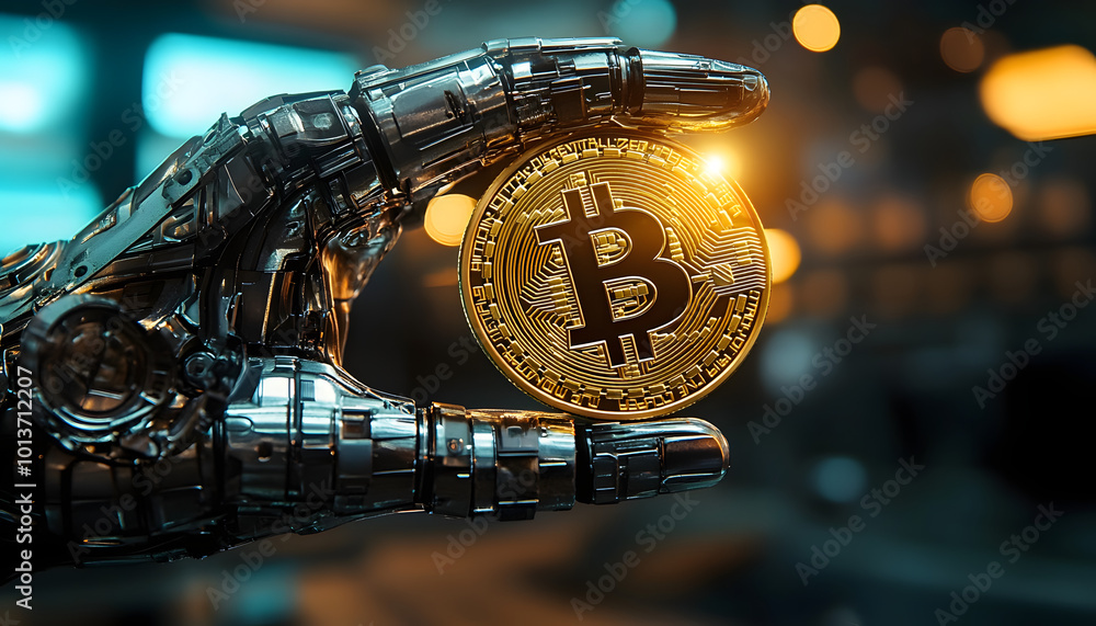 Poster a close-up image of a robotic hand holding a gleaming bitcoin coin. the background features futurist