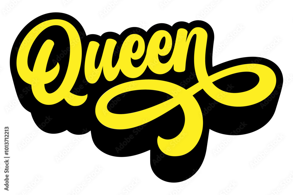 Poster word ‘queen’ written in retro groovy three-dimensional script lettering