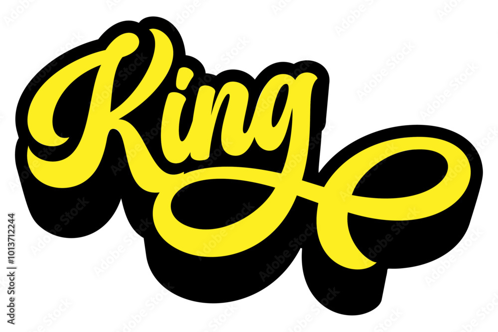 Poster word ‘king’ written in retro groovy three-dimensional script lettering