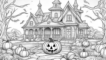 A Halloween coloring book for kids. AI, Generation, Illustration.
