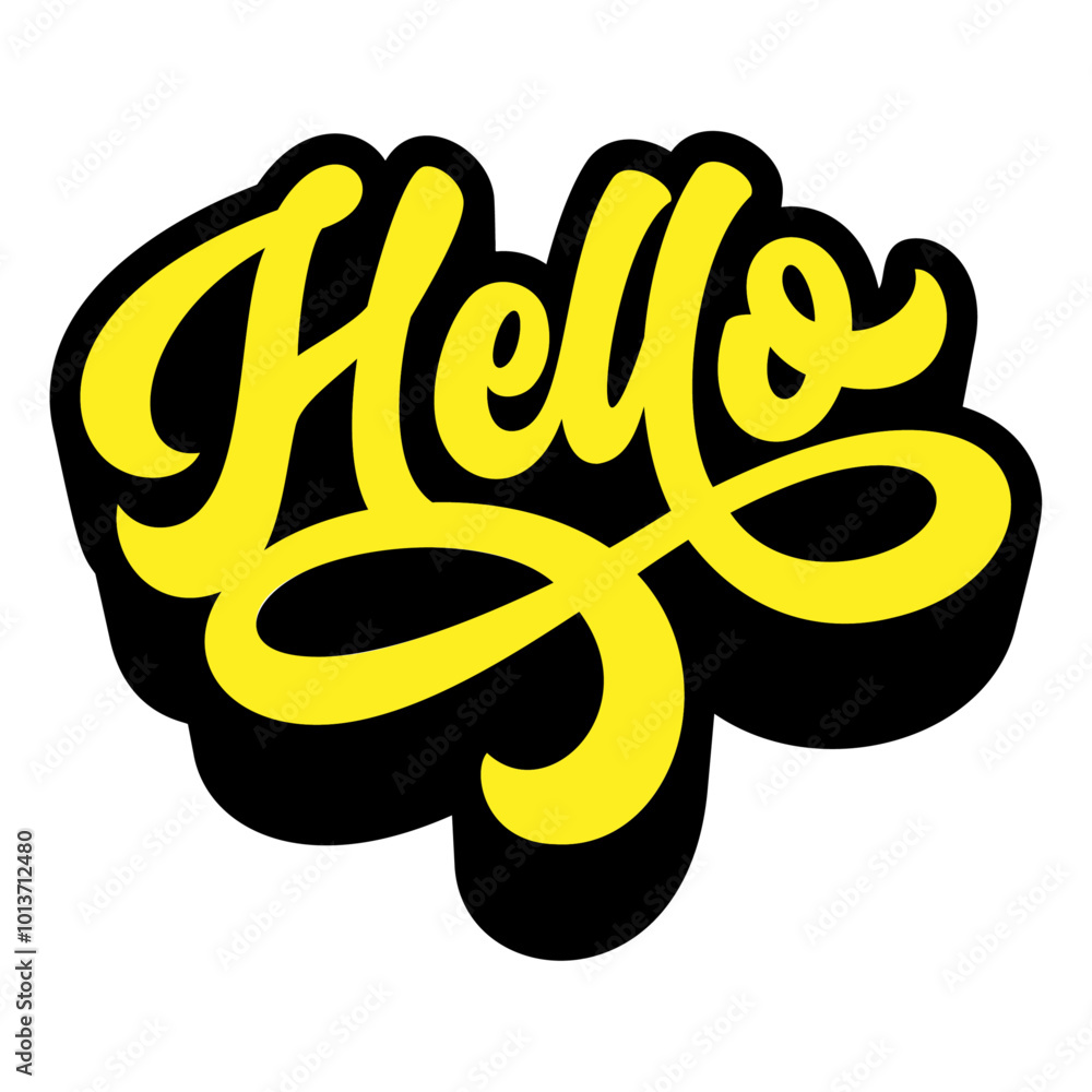 Poster word ‘hello’ written in retro groovy three-dimensional script lettering