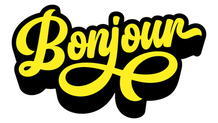French word ‘Bonjour’ (Hello) written in retro groovy three-dimensional script lettering © HTGanzo