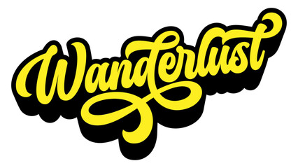 Word ‘Wanderlust’ written in retro groovy three-dimensional script lettering