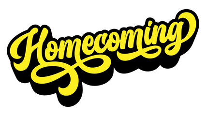 Word ‘Homecoming’ written in retro groovy three-dimensional script lettering