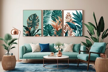 Tropical Floral Artwork in Mint Green Copper Cream and Cobalt Blue for Serene Home Decor