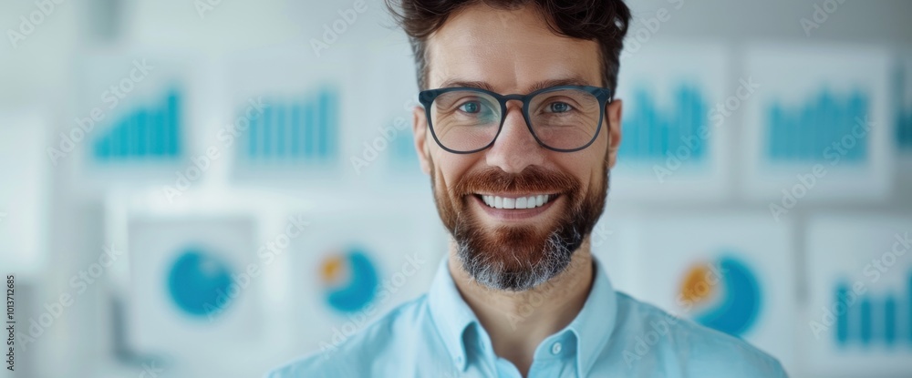 Poster smiling professional man with glasses in modern office setting focused on data analytics