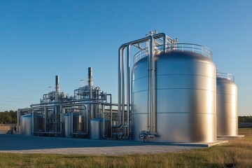 Obraz premium Advanced Renewable Hydrogen Production Facility Featuring Massive Steel Storage Tanks and Cutting-Edge Storage Solutions