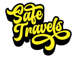 Words ‘Safe Travels’ written in retro groovy three-dimensional script lettering
