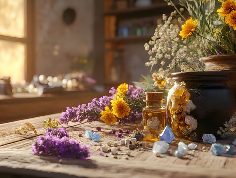 Natural herbs and oils on wooden table with flowers and crystals.