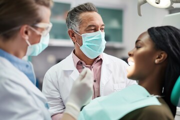 Fototapeta premium Dentist examines patient teeth at dental clinic. African American woman sits in green dental chair. Doctor wears face mask, white coat, gloves. Dental equipment, chair in background. Pro dental