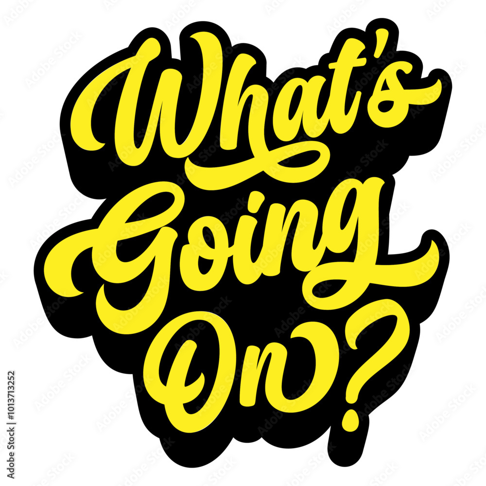 Poster words ‘what’s going on?’ written in retro groovy three-dimensional script lettering
