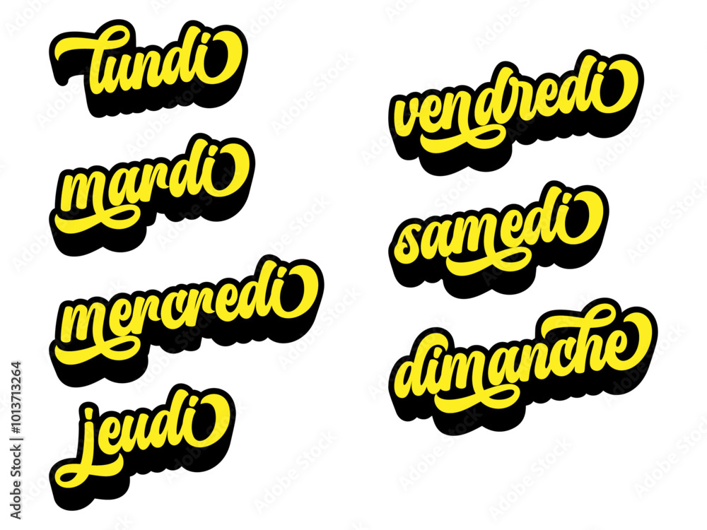 Aufkleber days of the week written in french in retro groovy three-dimensional script lettering
