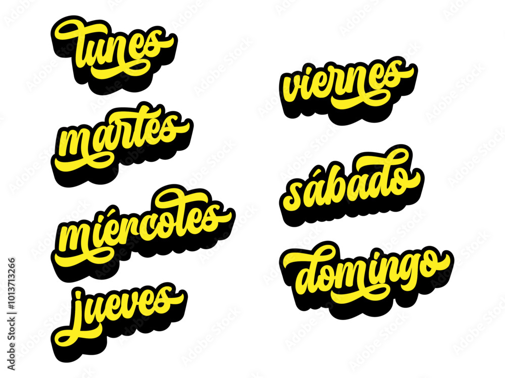 Aufkleber days of the week written in spanish in retro groovy three-dimensional script lettering