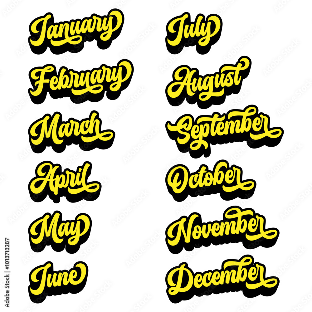 Aufkleber months of the year written in retro groovy three-dimensional script lettering