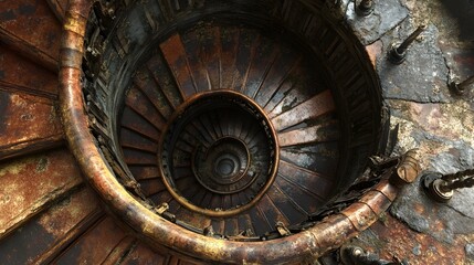 Spiral staircase with aged metal and wood texture, top view.