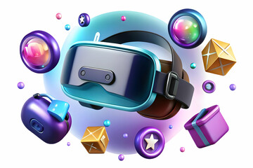 Floating VR Headset with Holographic Shopping Icons for Cyber Monday Deals - Futuristic Design on White Background, Perfect for Photo Stock Concept