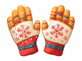 Flat Floating Cozy Winter Mittens with Snowflake Patterns Isolated on White - Perfect for Winter Fashion Promotions and Themed Designs