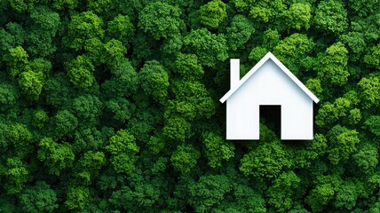 Naklejka premium A simplistic white house icon set against a lush green forest backdrop, symbolizing eco-friendly living and nature.