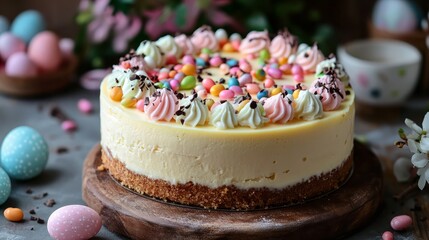 A delicious cheesecake decorated with colorful sprinkles, chocolate shavings, and swirls of cream.