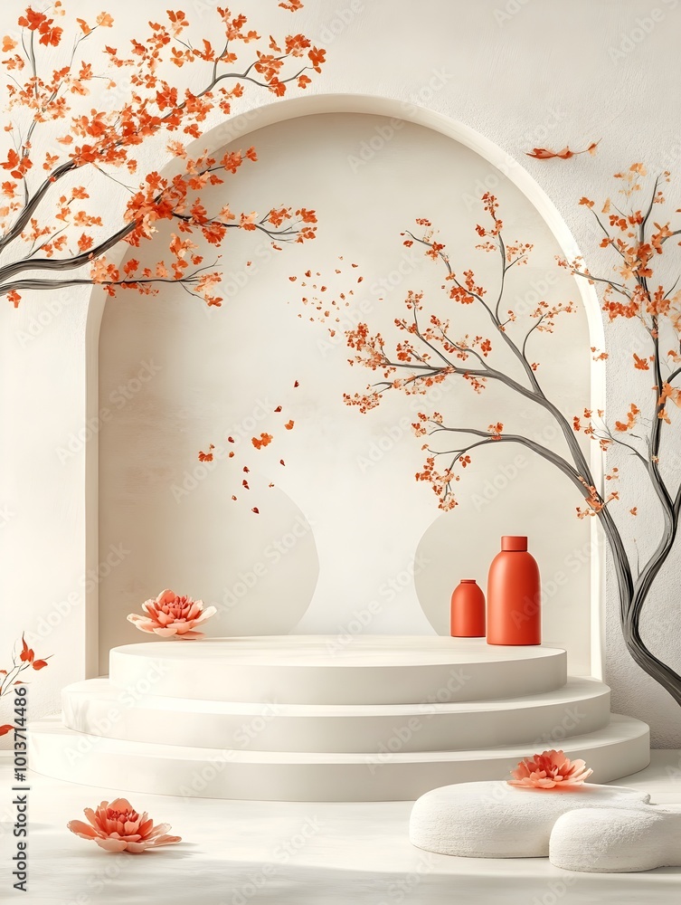Poster Minimalist 3D studio room with watercolor wash background empty floor and wall with product podium shadow overlay from window to countertop mockup with diffused sunlight