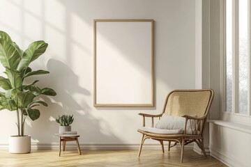 A serene reading nook with a rattan chair and lush plants bathed in natural light, promoting relaxation and calm.