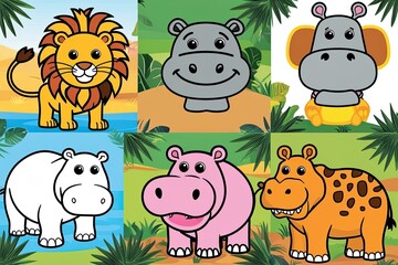 Adorable African Wildlife Coloring Sheets Featuring Lion Cheetah Hippo Crocodile and Rhino for Children