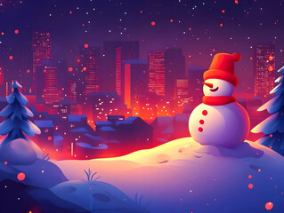 Fototapeta premium Futuristic Flat Abstract Winter Night Scene: A Glowing Figure Builds a Snowman in Neon Lights � Perfect for Seasonal Banners