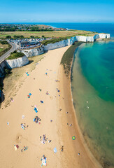 Aerial view of Kingsgate Bay, a sheltered sandy cove backed by high white chalk cliffs, Kent