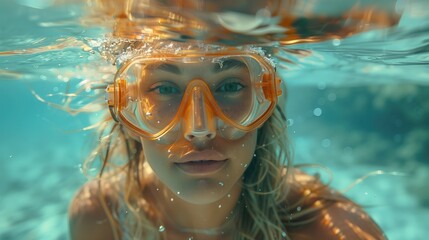 Naklejka premium a beautiful blonde woman, she is swimming in deep water, full body shot, free diving, warm water, happy, uplifting, glorious, the sun makes the clear water reflect in warm tones, award winning photogr