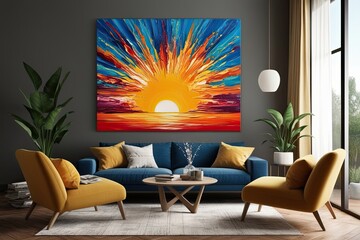 Vibrant Sunset Painting with Dynamic Color Explosions on Transparent Canvas