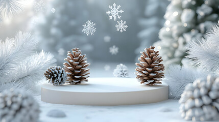 3D Pinecone and Snowflake Podium with Copy Space for Winter Product Highlights - Perfect for Seasonal Promotions and Ecommerce Campaigns