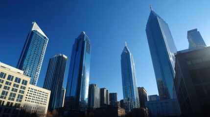 Fototapeta premium A modern city skyline with towering glass skyscrapers under a clear blue sky, highlighting contemporary urban architecture in a bustling metropolitan area. 