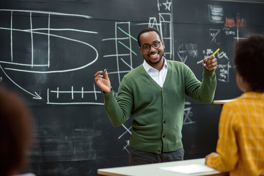 African American teacher explains complex math concept on blackboard in classroom. Female educator stands confidently, hands raised, gestures to students. Green sweater, glasses, chalkboard with - Powered by Adobe