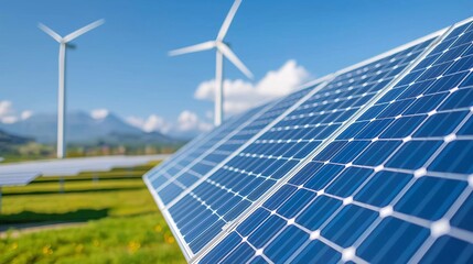 Close-up of solar panels with green fields and wind turbines against blue sky with beautiful clouds. Renewable energy and eco-friendly technology