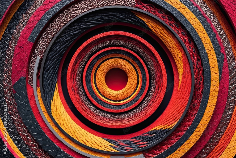 Poster macro view of detailed dynamic bold photo collage with vivid textures and interlocking circular shap