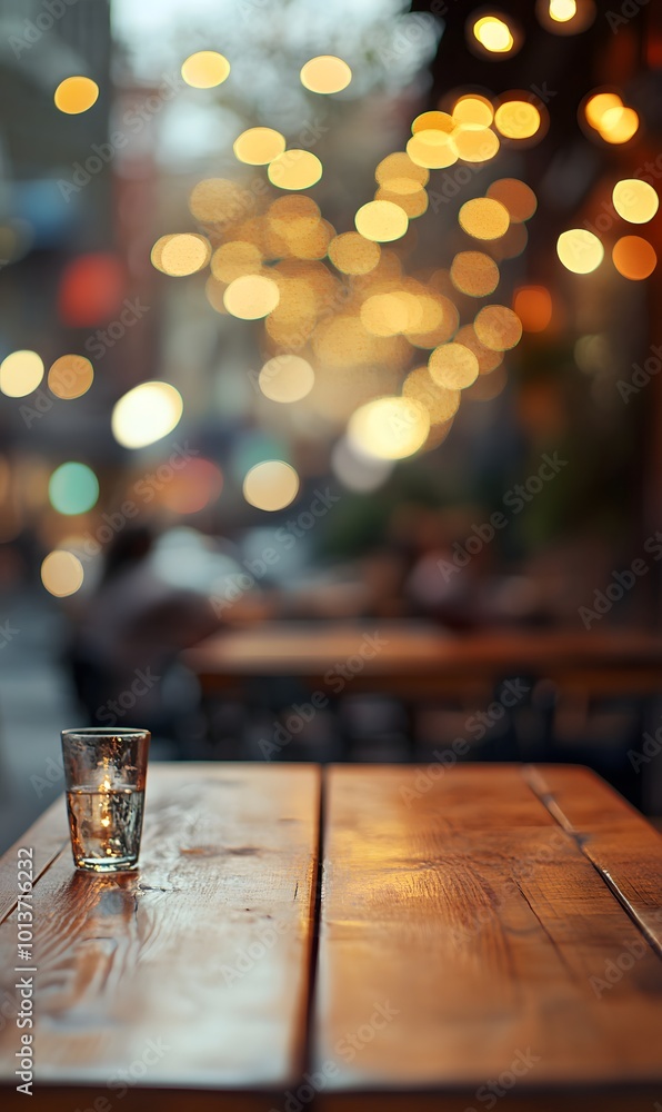 Poster 1. **serene table setting:** illustrate an empty brown wooden table under soft bokeh lights, set aga