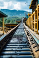 Naklejka premium Conveyor belt transporting mined material in an industrial site