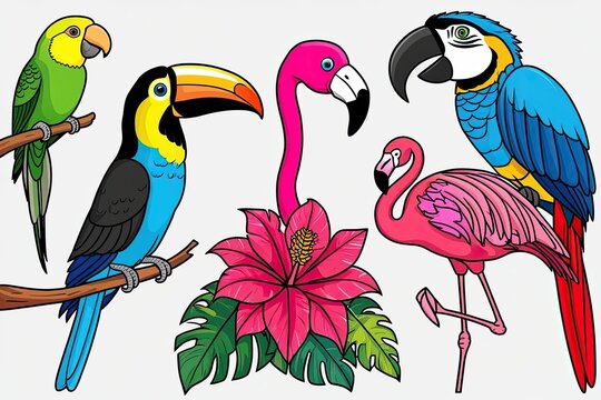 Enchanting Cartoon Art of Exotic Birds for Kids Coloring Pages Featuring Parakeets Toucans Flamingos and Macaws