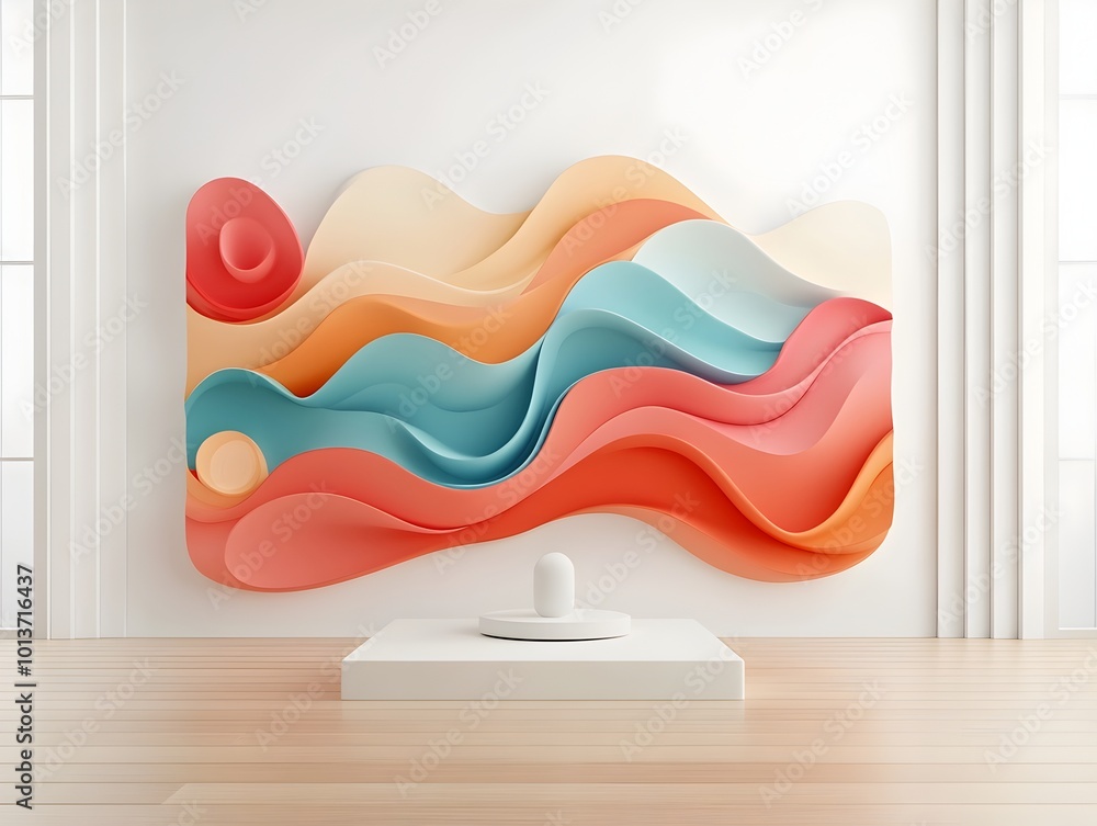 Poster vibrant 3d abstract sculptural artwork displayed on a pedestal in a clean modern studio setting with