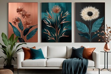 Vibrant Botanical Art for Home Decor in Copper Teal Cream and Charcoal Shades