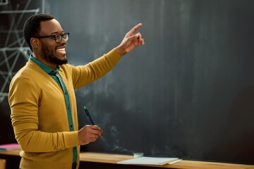 Confident African American man explains math lecture on blackboard in classroom. He wears yellow shirt and blue tie, pointing with right hand. Blackboard with marker serves as canvas for his words.