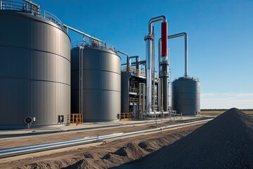 Obraz premium Advanced Hydrogen Production Plant Featuring Extensive Steel Storage and Wide-Angle Energy Capture for Sustainable Power